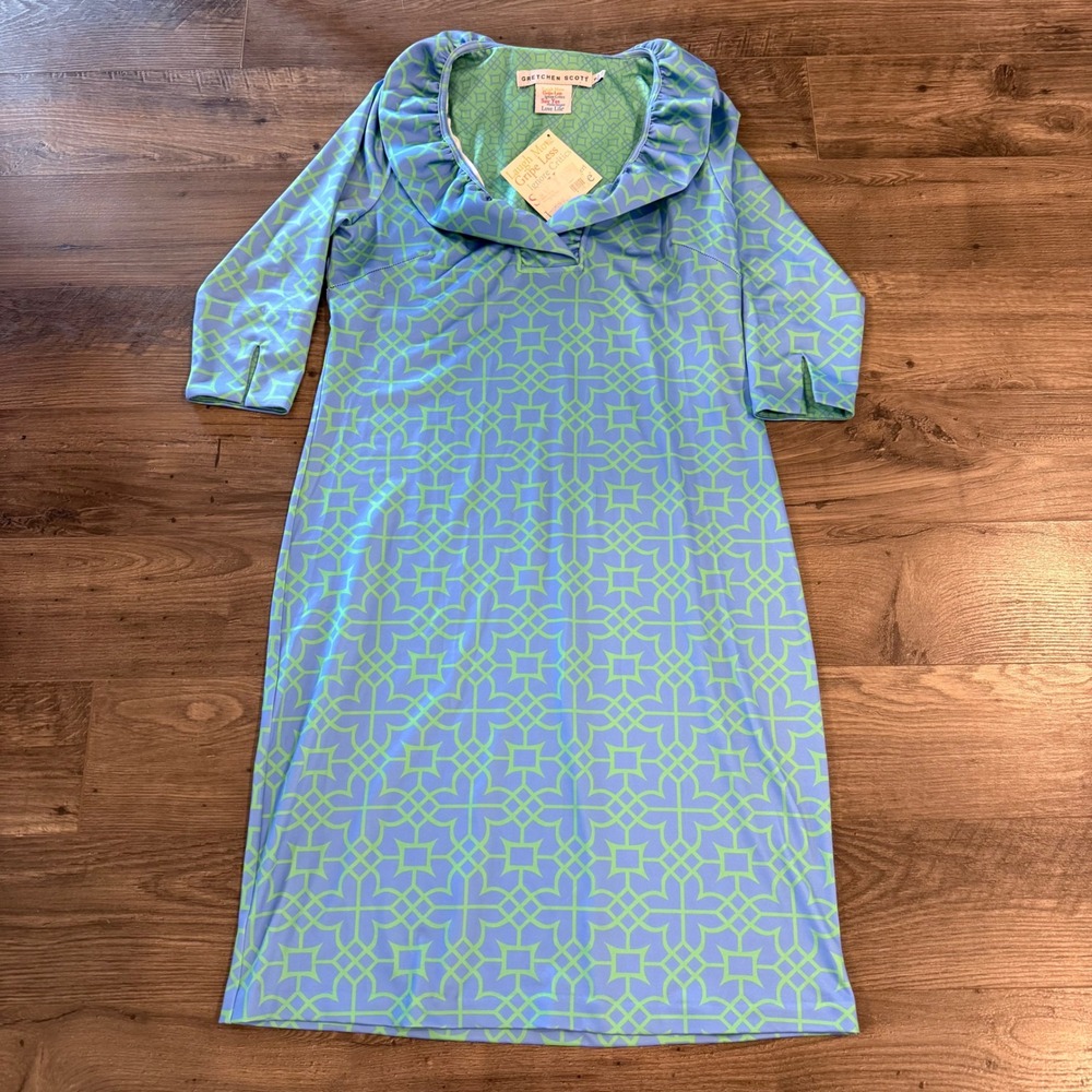 Gretchen‎ Scott Ruffneck Bombay Taj Dress Blue Green Geometric Print Small NWT